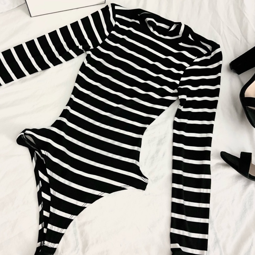 {rehab} black & white stripe mock neck open-back bodysuit